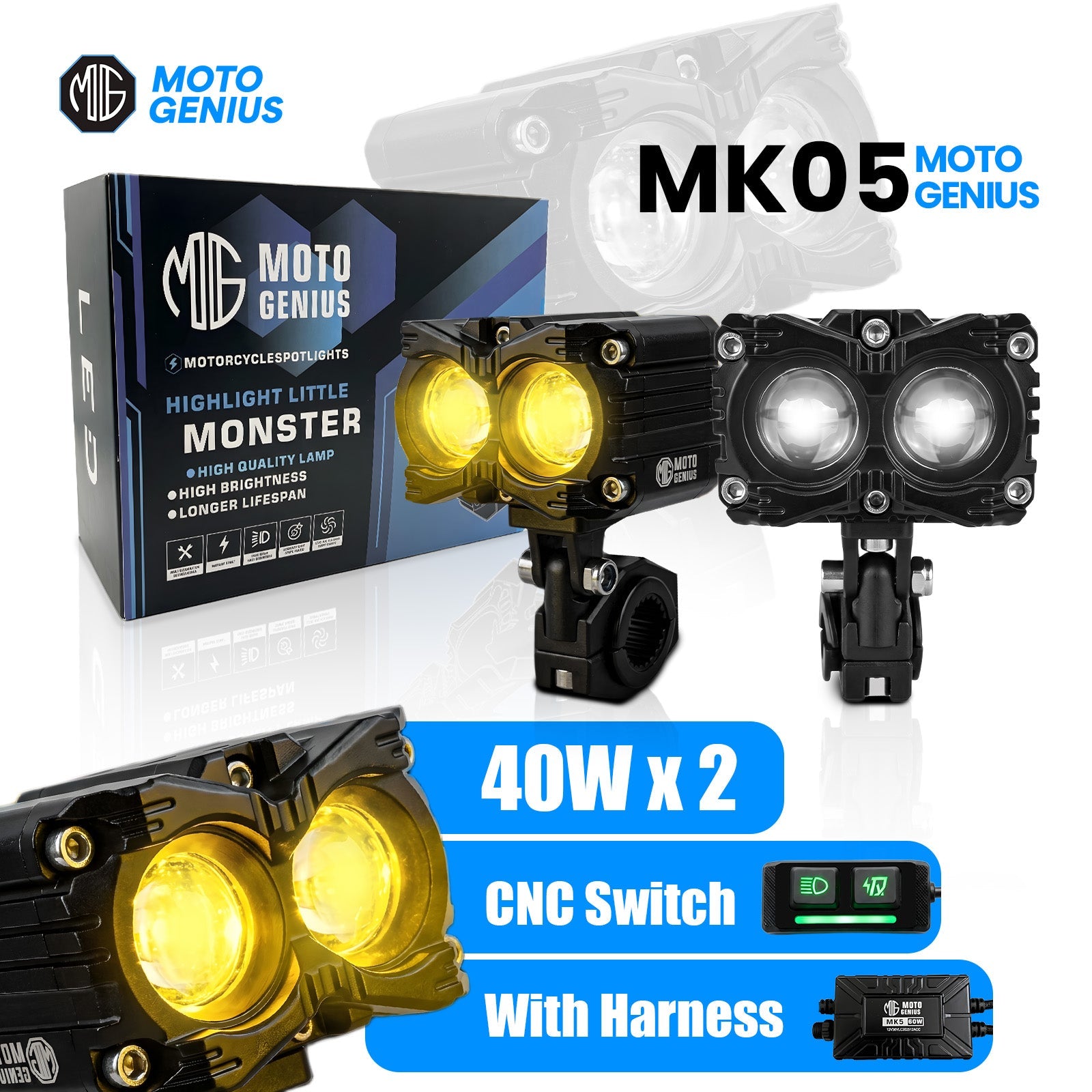 MK-05 80W Dual Fog Light with Harness | High-Power Illumination | Easy Mount for Motorcycles, Scooters & ATVs | Maximum Road Clarity(Pack of 2) (MGF3) - Moto Genius