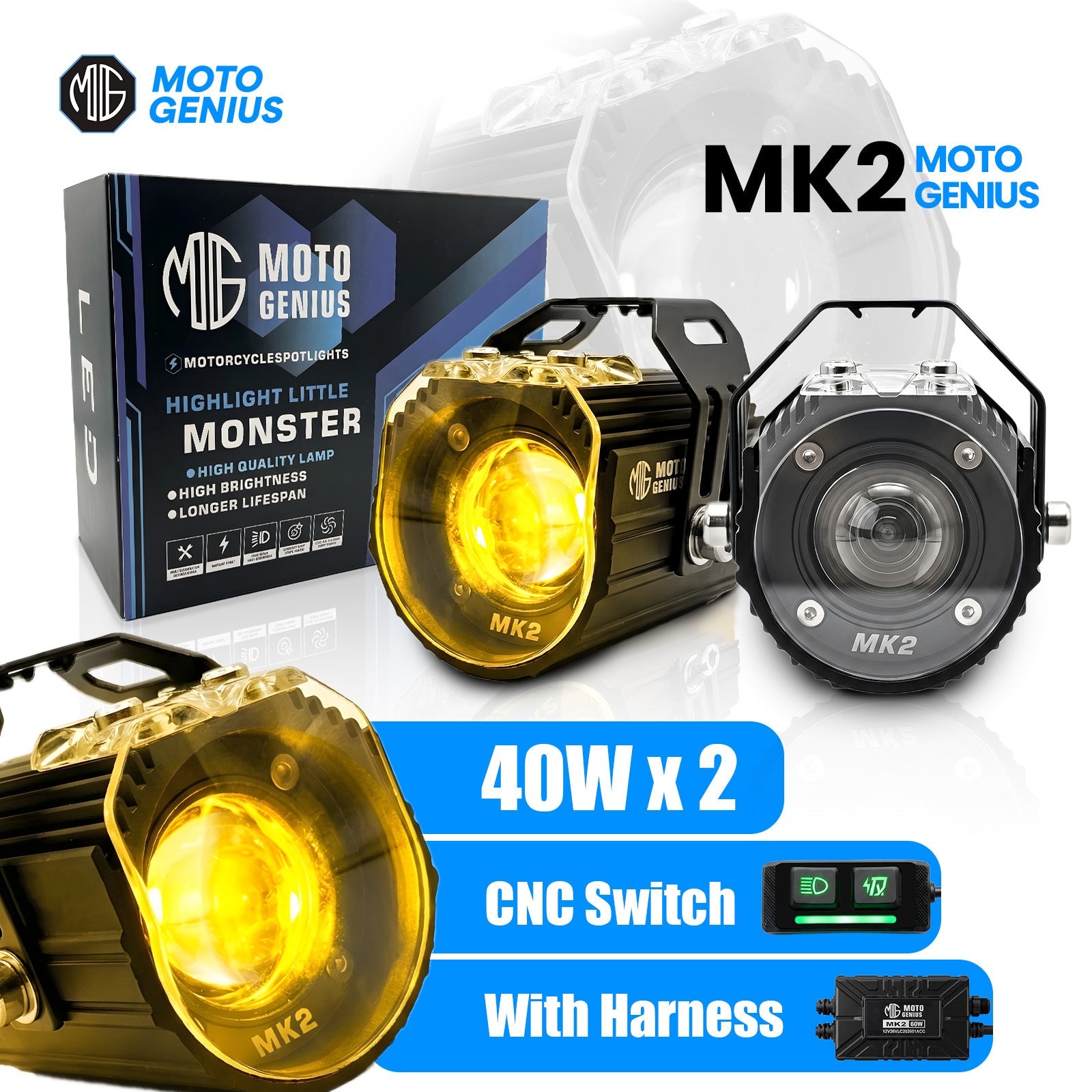 MK02 Spotlight IP67 Waterproof Auxiliary Lights with Wiring Harness | Premium Build | Compatible with Motorcycles, Cars & Electric Vehicles(Pack of 2) (MGF3) - Moto Genius
