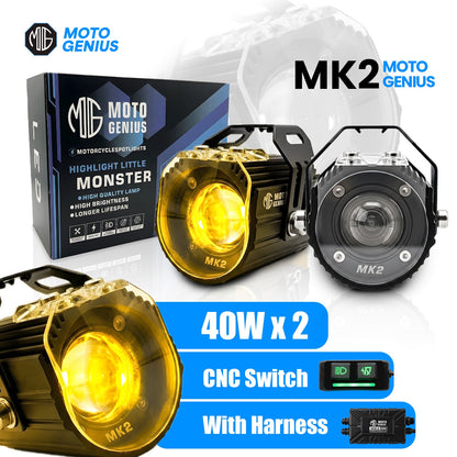 MK02 Spotlight IP67 Waterproof Auxiliary Lights with Wiring Harness | Premium Build | Compatible with Motorcycles, Cars & Electric Vehicles(Pack of 2) (MGF3) - Moto Genius