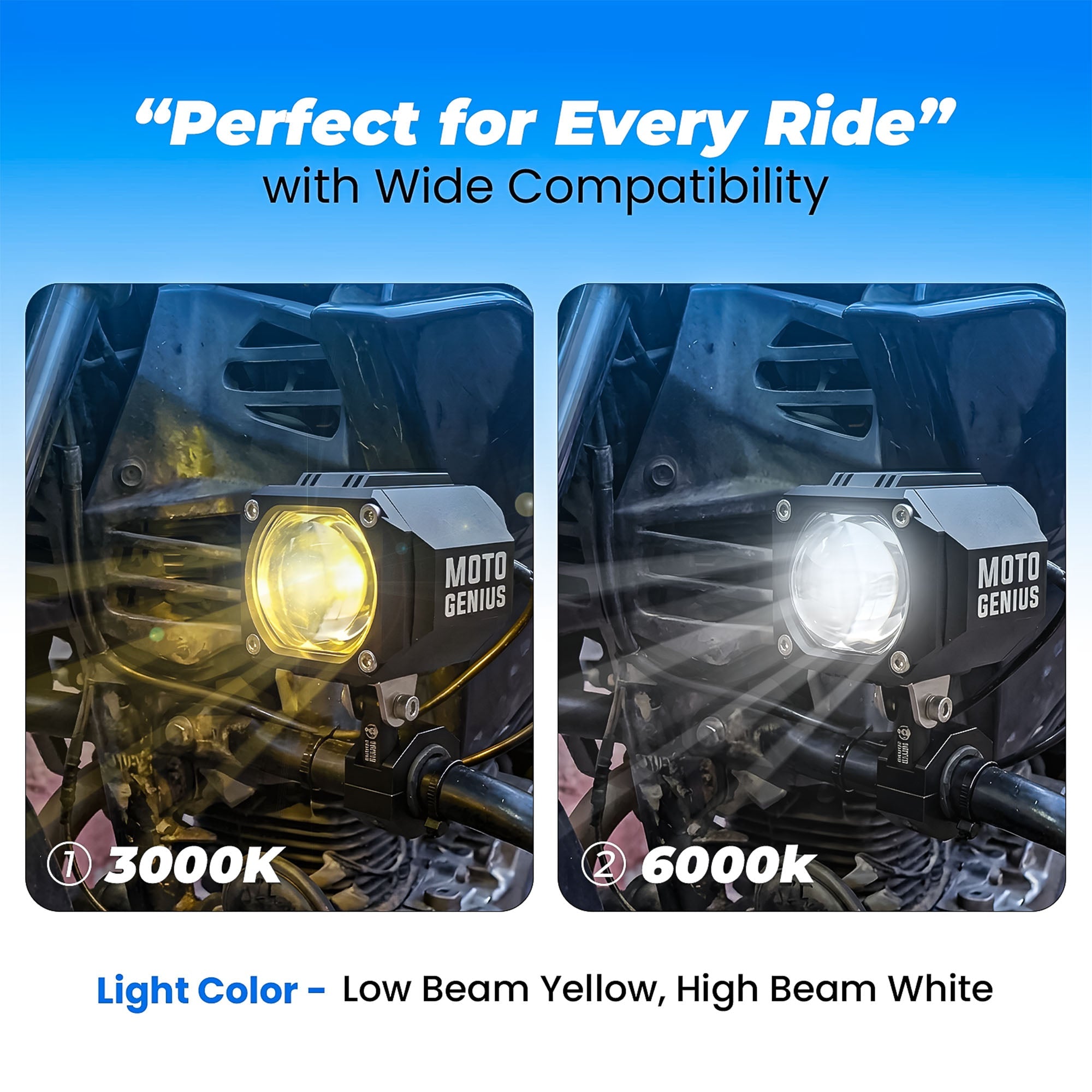 MK07 WITH HARNESS 80W piece High-Performance LED Auxiliary Fog Light | Single Lens | Yellow Low Beam & White High Beam | With Wiring Harness & Switch(Pack of 2) (MGF3) - Moto Genius