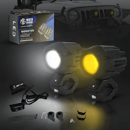 MK160/ VK 160 WITH HARNESS Dual-Color LED Auxiliary Fog Light 40W piece | Driving & Auxiliary Lights | Universal Fit for Motorcycles, Cars, SUVs, ATVs & UTVs | 2PCS (MGF3) - Moto Genius