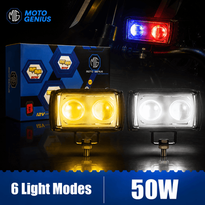 MOTO GENIUS Universal 50W Motorcycle LED Fog Light Kit | Dual Lens Projector Spotlight with Wired Switch | 12V-80V Waterproof Riding Lamps for Bikes(Pack of 2) - Moto Genius