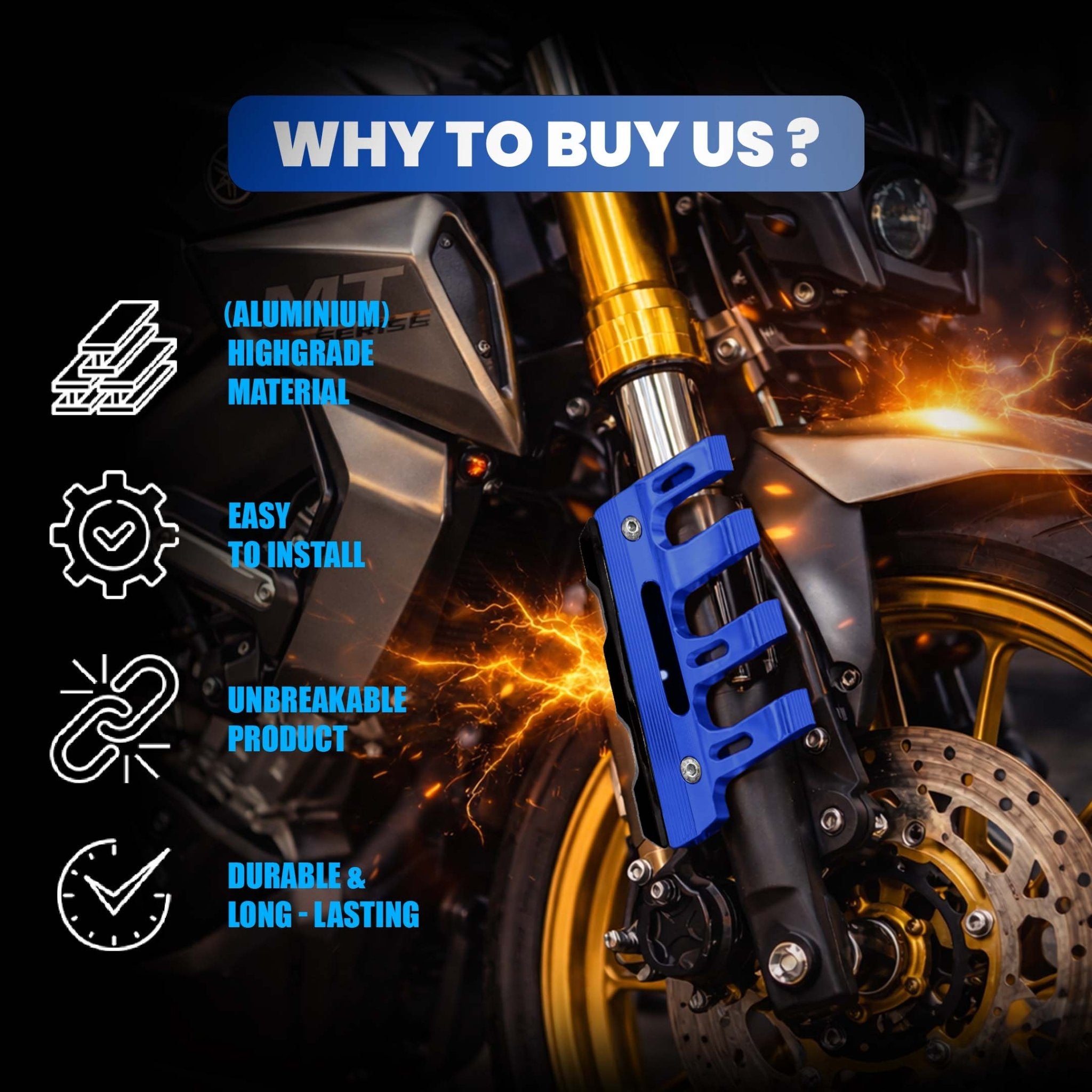 MOTO GENIUS Universal CNC Aluminum Motorcycle Front Fork Protector Anti-Fall Crash Slider, Shock Absorber & Front Fender Guard for Bikes-Blue - Moto Genius
