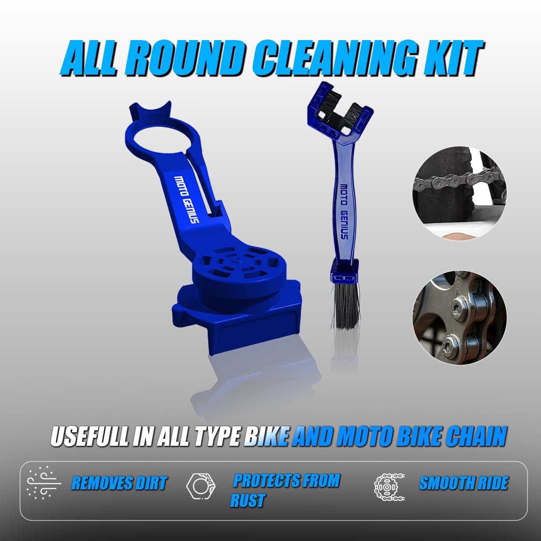 Multi-Purpose Bike Chain Cleaner Brush with Soft Long Bristles and Lube Applicator Tool Kit | Motorcycle & Bicycle Chain Cleaning Kit-Blue - Moto Genius