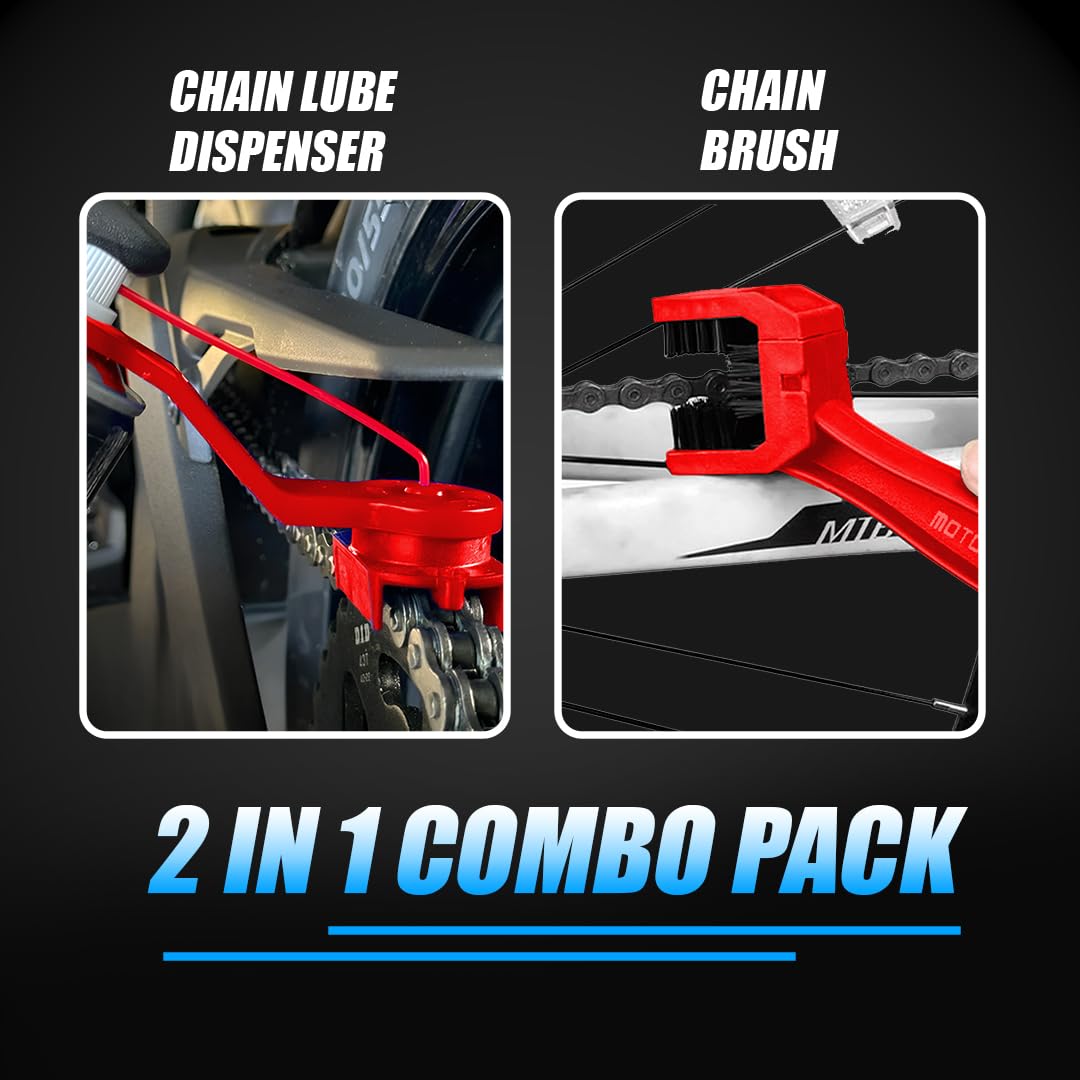 Multi-Purpose Bike Chain Cleaner Brush with Soft Long Bristles and Lube Applicator Tool Kit | Motorcycle & Bicycle Chain Cleaning Kit-Red - Moto Genius