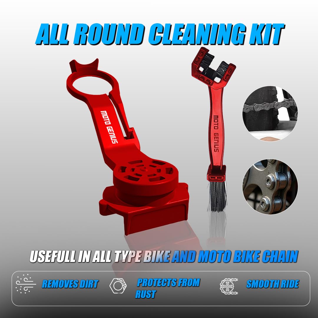 Multi-Purpose Bike Chain Cleaner Brush with Soft Long Bristles and Lube Applicator Tool Kit | Motorcycle & Bicycle Chain Cleaning Kit-Red - Moto Genius