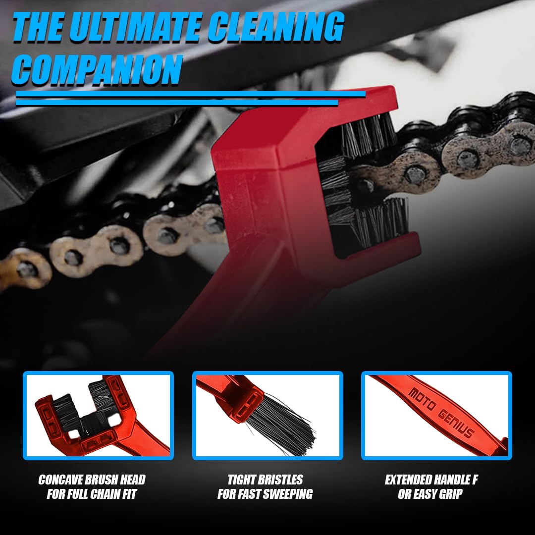 Multi-Purpose Bike Chain Cleaner Brush with Soft & Long Bristles for Motorcycle & Cycle Chain Cleaning-Red - Moto Genius