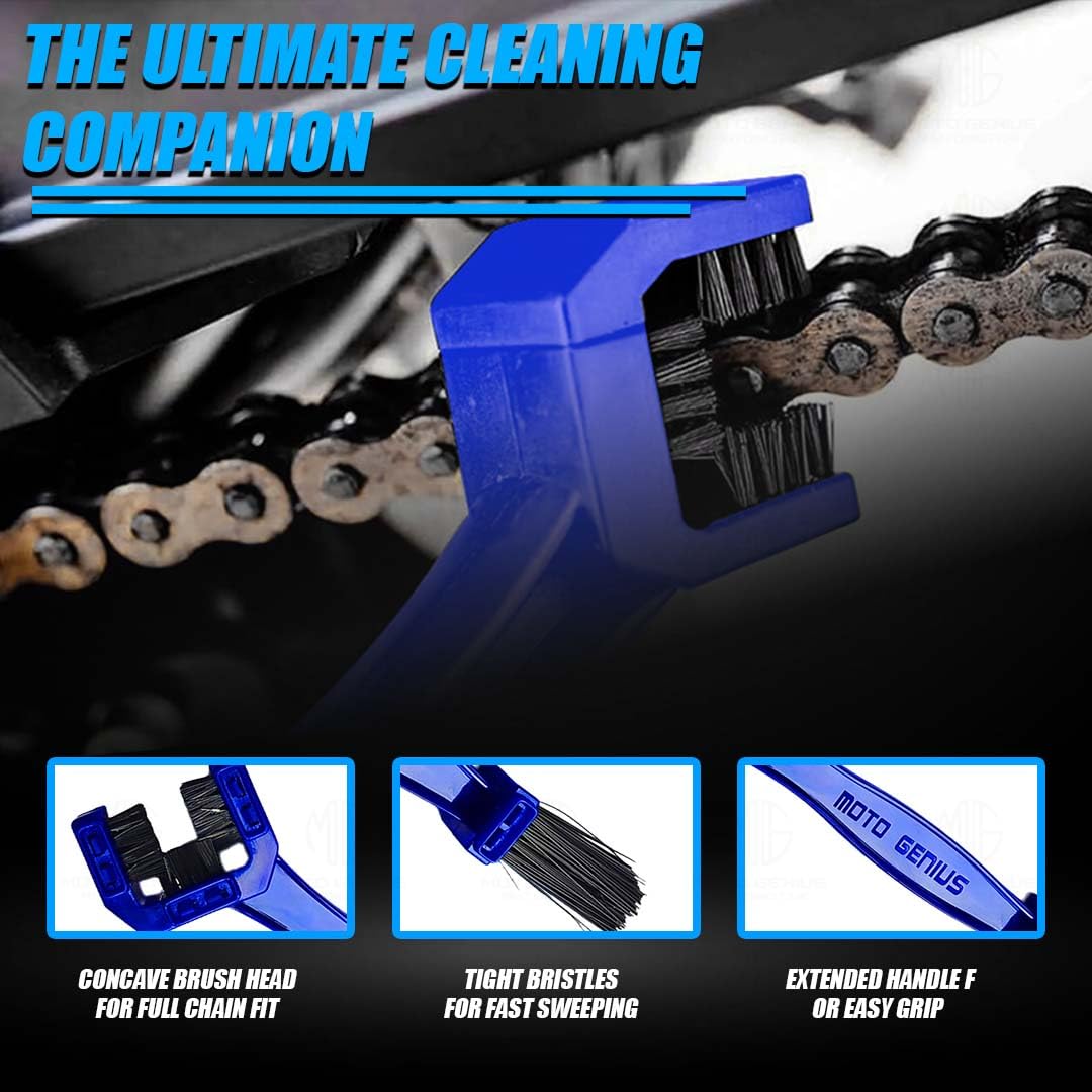 Multi-Purpose Bike Chain Cleaner Brush with Soft & Long Bristles for Motorcycle & Cycle Chain Cleaning-Blue - Moto Genius