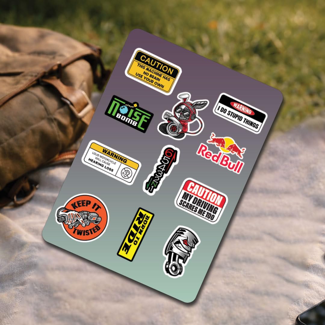 Racing Bike Caution 3D Vinyl Stickers | Waterproof, Fade-Proof, Self-Adhesive Warning Decals for Helmet, Bike, Car, Laptop & Mobile | Safety & Alert Stickers (11 PC) - Moto Genius