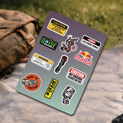 Racing Bike Caution 3D Vinyl Stickers | Waterproof, Fade-Proof, Self-Adhesive Warning Decals for Helmet, Bike, Car, Laptop & Mobile | Safety & Alert Stickers (11 PC) - Moto Genius