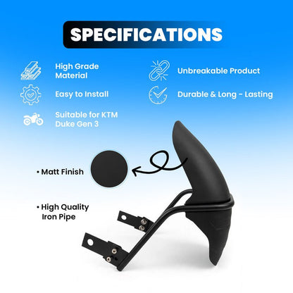 Rear Mudguard Tyre Hugger Anti-Splash Fender with Heavy Duty Metal Bracket for KTM Duke Generation 3 Motorcycle (Black) - Moto Genius