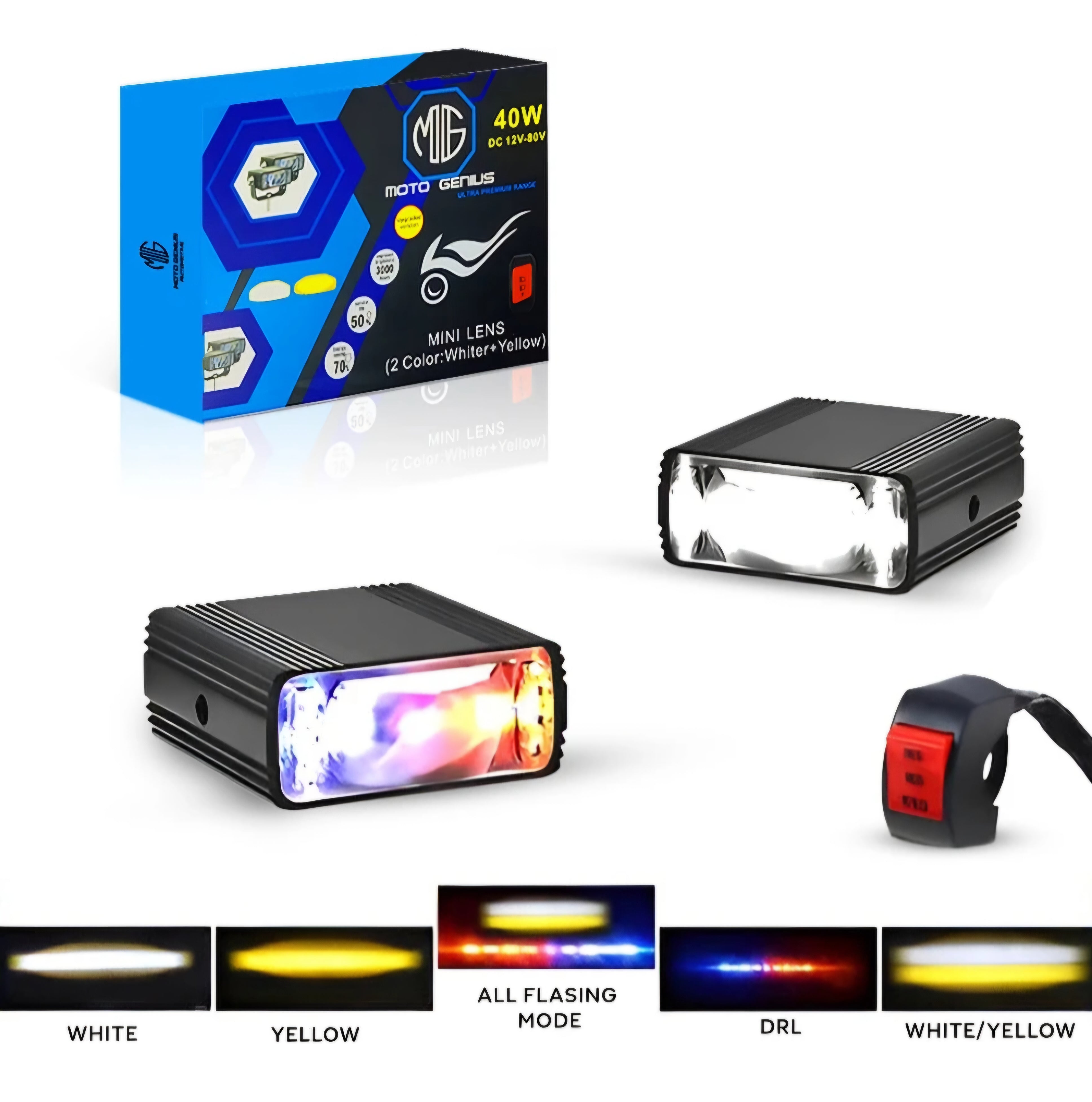 MOTO GENIUS Universal 40W LED Fog Lamp with Switch for Cars and Bikes | Multi-Color Auxiliary Light with White, Yellow, Red Blue and Dual Combo Beams | Waterproof Off-Road Projector Lens Headlight