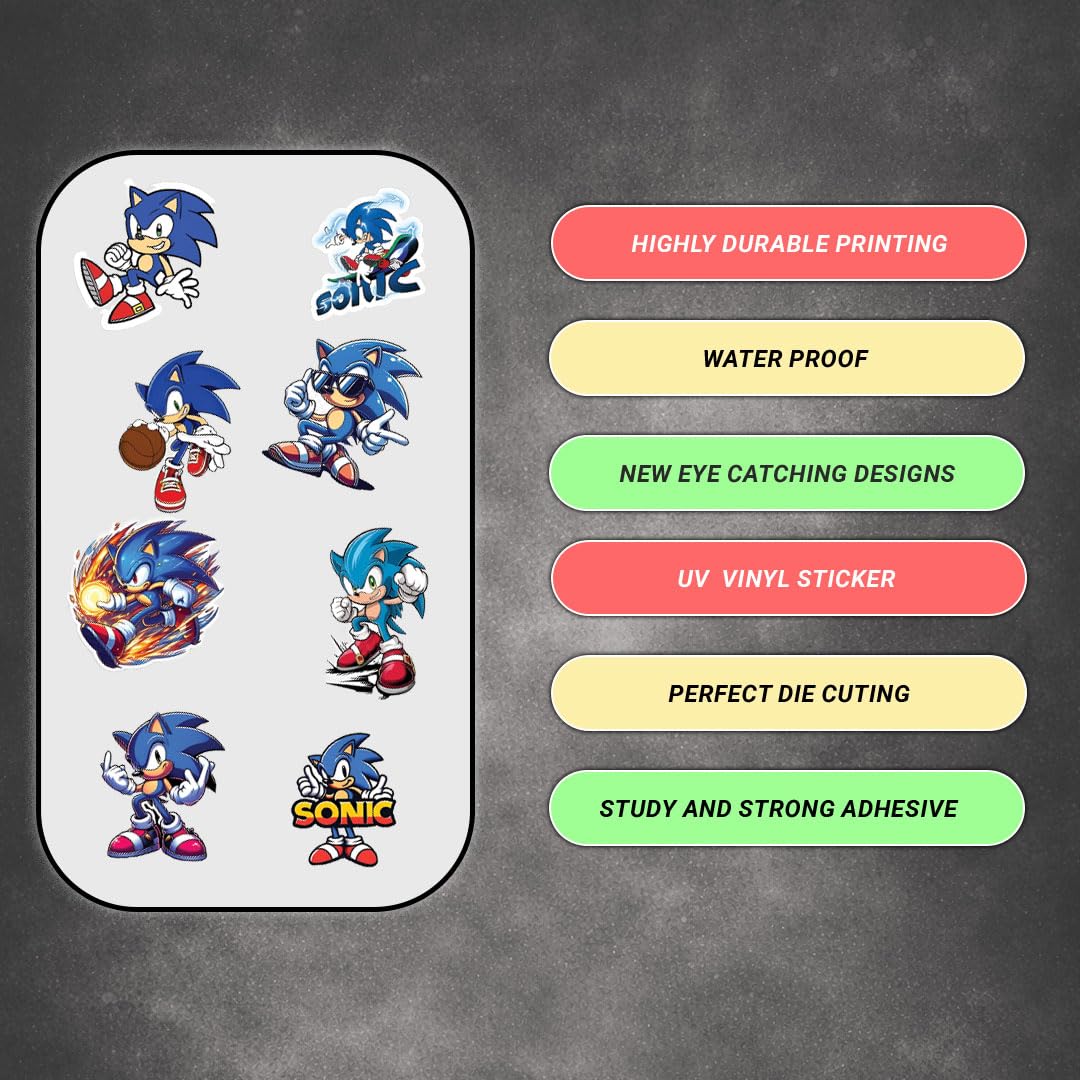 Sonic Cartoon 3D Waterproof Vinyl Stickers Pack for Kids – Self Adhesive Cute Cartoon Decal for Laptop, Mobile Phone, Helmet, Bike, Car, Notebook & Water Bottle - Moto Genius