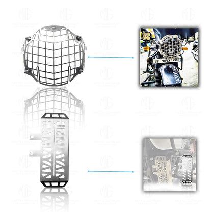 Stainless Steel Accessories Kit for RE Himalayan Motorbike | Radiator Guard, Check Shape Headlight Grill, Cylinder Guard, Side Stand Extender & Oil Reservoir Caps (Pack of 6) - Moto Genius