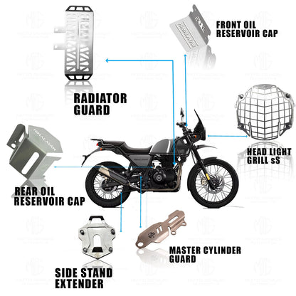 Stainless Steel Accessories Kit for RE Himalayan Motorbike | Radiator Guard, Check Shape Headlight Grill, Cylinder Guard, Side Stand Extender & Oil Reservoir Caps (Pack of 6) - Moto Genius