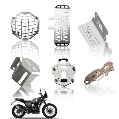 Stainless Steel Accessories Kit for RE Himalayan Motorbike | Radiator Guard, Check Shape Headlight Grill, Cylinder Guard, Side Stand Extender & Oil Reservoir Caps (Pack of 6) - Moto Genius