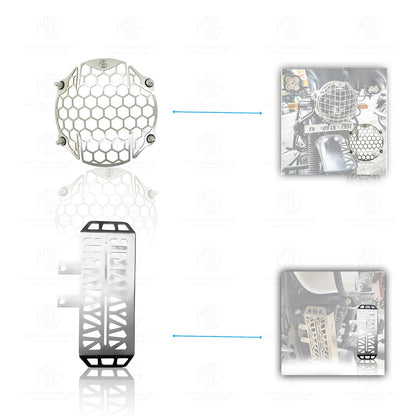 Stainless Steel Accessories Kit for RE Himalayan Motorbike | Radiator Guard, Honey Shape Headlight Grill, Cylinder Guard, Side Stand Extender & Oil Reservoir Caps (Pack of 6) - Moto Genius
