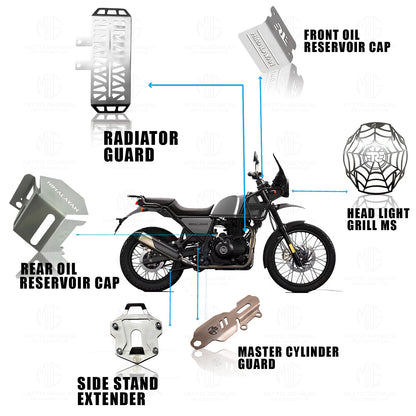 Stainless Steel Accessories Kit for RE Himalayan Motorbike | Radiator Guard, Spider Shape Headlight Grill, Cylinder Guard, Side Stand Extender & Oil Reservoir Caps (Pack of 6) - Moto Genius