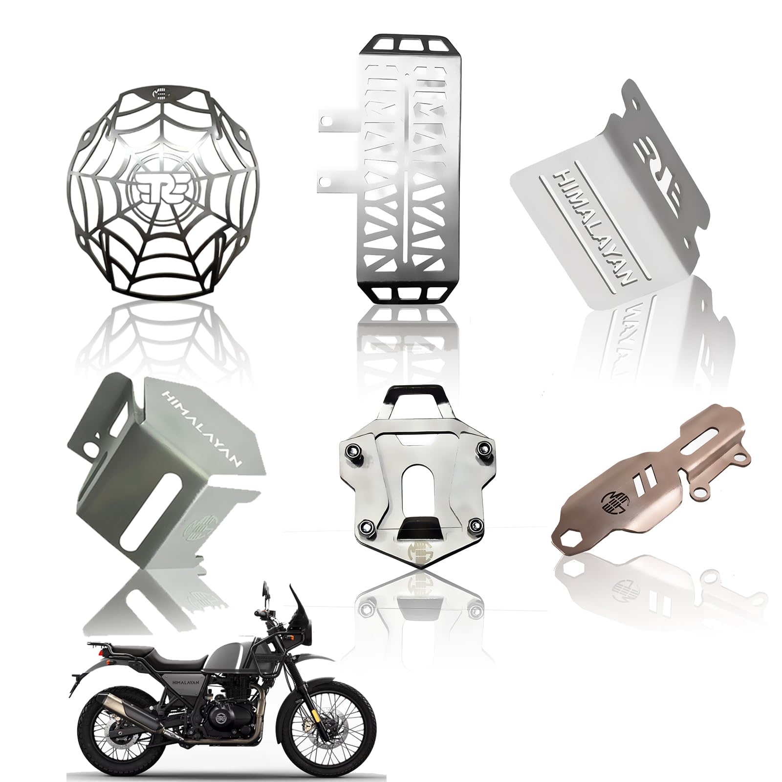 Stainless Steel Accessories Kit for RE Himalayan Motorbike | Radiator Guard, Spider Shape Headlight Grill, Cylinder Guard, Side Stand Extender & Oil Reservoir Caps (Pack of 6) - Moto Genius