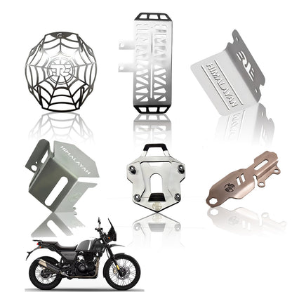 Stainless Steel Accessories Kit for RE Himalayan Motorbike | Radiator Guard, Spider Shape Headlight Grill, Cylinder Guard, Side Stand Extender & Oil Reservoir Caps (Pack of 6) - Moto Genius