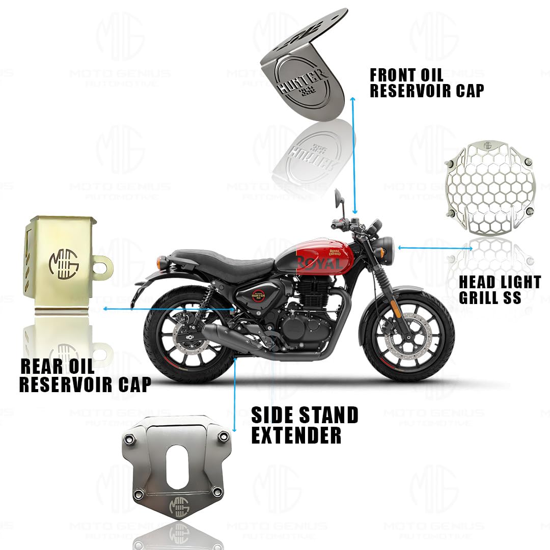 Stainless Steel Accessories Kit for RE Hunter Motorbike | Honey Shape Headlight Grill, Side Stand Extender, Front & Rear Brake Oil Reservoir Caps | Heavy-Duty Steel (Pack of 4) - Moto Genius