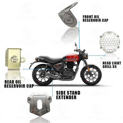 Stainless Steel Accessories Kit for RE Hunter Motorbike | Honey Shape Headlight Grill, Side Stand Extender, Front & Rear Brake Oil Reservoir Caps | Heavy-Duty Steel (Pack of 4) - Moto Genius