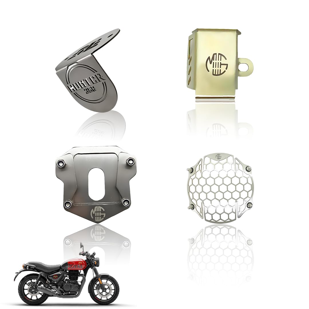 Stainless Steel Accessories Kit for RE Hunter Motorbike | Honey Shape Headlight Grill, Side Stand Extender, Front & Rear Brake Oil Reservoir Caps | Heavy-Duty Steel (Pack of 4) - Moto Genius