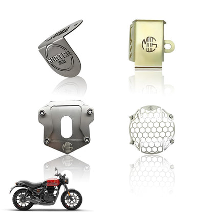 Stainless Steel Accessories Kit for RE Hunter Motorbike | Honey Shape Headlight Grill, Side Stand Extender, Front & Rear Brake Oil Reservoir Caps | Heavy-Duty Steel (Pack of 4) - Moto Genius