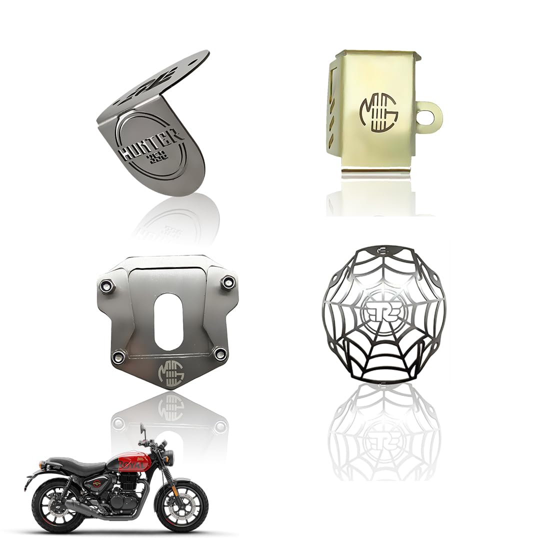 Stainless Steel Accessories Kit for RE Hunter Motorbike | Spider Shape Headlight Grill, Side Stand Extender, Front & Rear Brake Oil Reservoir Caps | Heavy-Duty Steel (Pack of 4) - Moto Genius