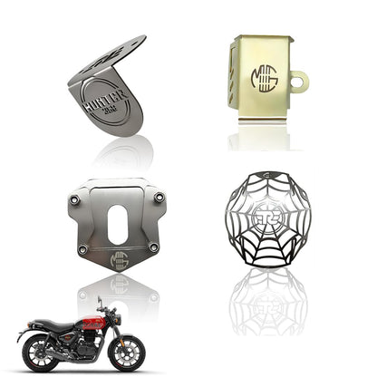 Stainless Steel Accessories Kit for RE Hunter Motorbike | Spider Shape Headlight Grill, Side Stand Extender, Front & Rear Brake Oil Reservoir Caps | Heavy-Duty Steel (Pack of 4) - Moto Genius
