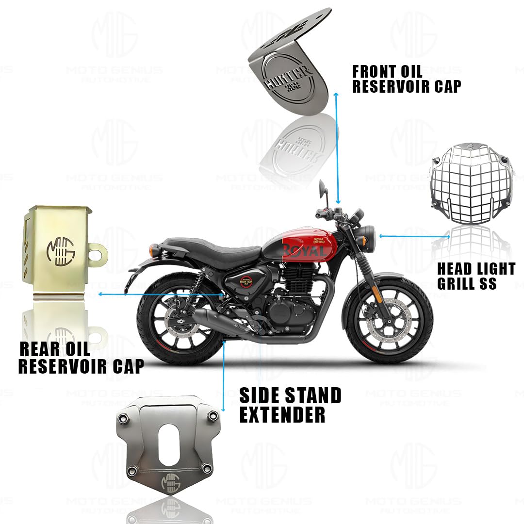 Stainless Steel Accessories Kit for RE Hunter Motorbike | Straight Shape Headlight Grill, Side Stand Extender, Front & Rear Brake Oil Reservoir Caps | Heavy-Duty Steel (Pack of 4) - Moto Genius