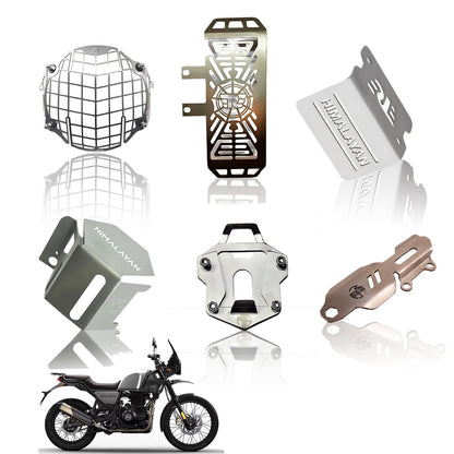 Staonless Steel Accessories Kit for RE Himalayan Motorbike | Radiator Guard, Check Pattern Headlight Grill, Cylinder Guard, Side Stand Extender & Oil Reservoir Caps (Pack of 6) - Moto Genius