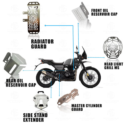 Staonless Steel Accessories Kit for RE Himalayan Motorbike | Radiator Guard, Spider Pattern Headlight Grill, Cylinder Guard, Side Stand Extender & Oil Reservoir Caps (Pack of 6) - Moto Genius