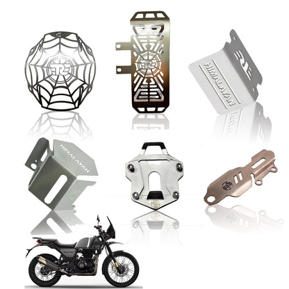 Staonless Steel Accessories Kit for RE Himalayan Motorbike | Radiator Guard, Spider Pattern Headlight Grill, Cylinder Guard, Side Stand Extender & Oil Reservoir Caps (Pack of 6) - Moto Genius