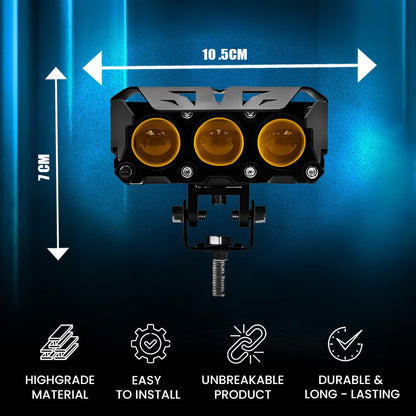 Super Bright 3 LED Fog Light | Dual Mode Yellow & White Changing Light, High/Low Beam, Aluminum Body, Universal Fit for Motorcycle & Car (MGF2) - Moto Genius
