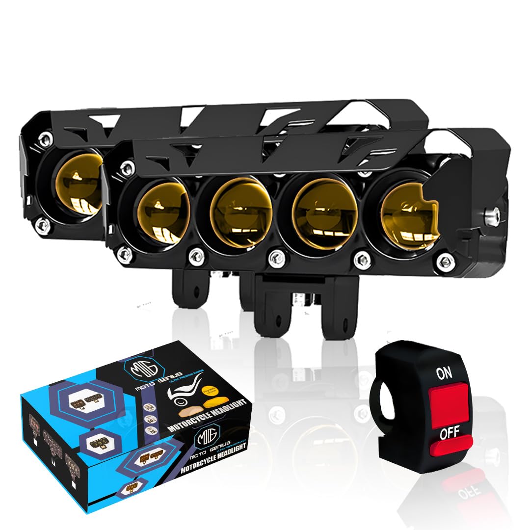 Super Bright 4 LED Fog Light with Switch | Dual Mode and Changing Light, High Low Beam, Aluminum Body, Universal Fit for Motorcycle and Car (Pack of 2) (MGF2) - Moto Genius