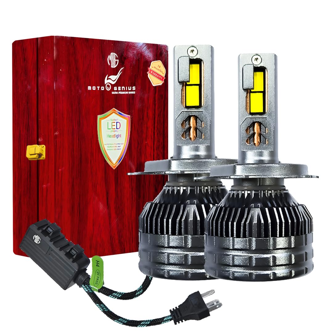 Super Bright 400W LED Headlight Conversion Kit for Car & Bike | Waterproof, Energy-Efficient, Steel & Aluminium Build, Dual Beam, Premium Wooden Box Packaging (H4, Pack of 2) - Moto Genius