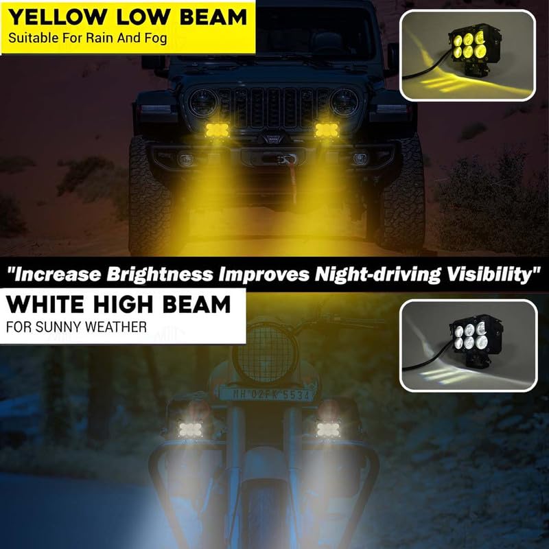 Super Bright 6 LED Fog Light | Dual Mode Yellow and White, Aluminium Body, Universal Fit for Motorcycle & Car, Waterproof (Pack of 2) (MGF3) - Moto Genius