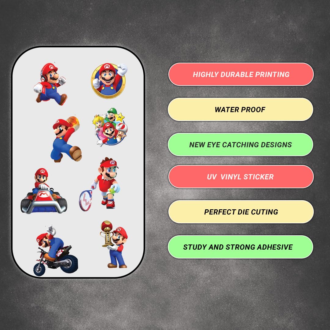 Super Mario 3D Waterproof Vinyl Stickers Pack for Kids – Self Adhesive Cute Cartoon Decal for Laptop, Mobile Phone, Helmet, Bike, Car, Notebook & Water Bottle - Moto Genius