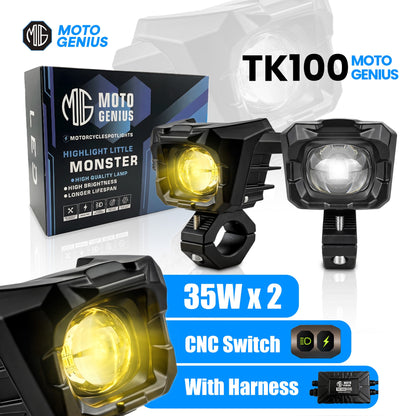 TK-100 WITH HARNESS 70W piece Dual Beam LED Auxiliary Fog Light for Motorcycles & Cars | White & Yellow Light | Universal Fit | Waterproof | High Brightness (MGF3) - Moto Genius