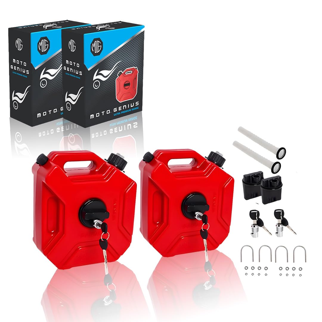 Universal 5 Liter Fuel Jerry Can With Clamp and Cap For Motorcycle | Fuel Container Heavy Duty construction for Petrol/diesel/kerosene Storage (Pack of 2)-Red - Moto Genius