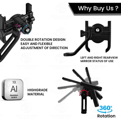 Universal Aluminum Bicycle Motorcycle Phone Holder, 360-Degree Rotatable Handlebar Mount for Mobile Phones | Shockproof, Adjustable for Optimal Viewing Angles-Black - Moto Genius