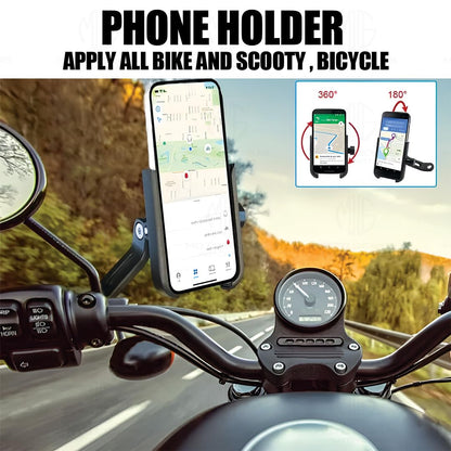 Universal Aluminum Bicycle Motorcycle Phone Holder, 360-Degree Rotatable Handlebar Mount for Mobile Phones | Shockproof, Adjustable for Optimal Viewing Angles-Black - Moto Genius