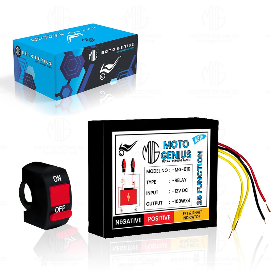 Universal Motorcycle Hazard Indicator Flasher Relay, 25 Flash Patterns with Switch, Waterproof LED | Bulb Compatible Blinker for Turn Signal Lights - Moto Genius