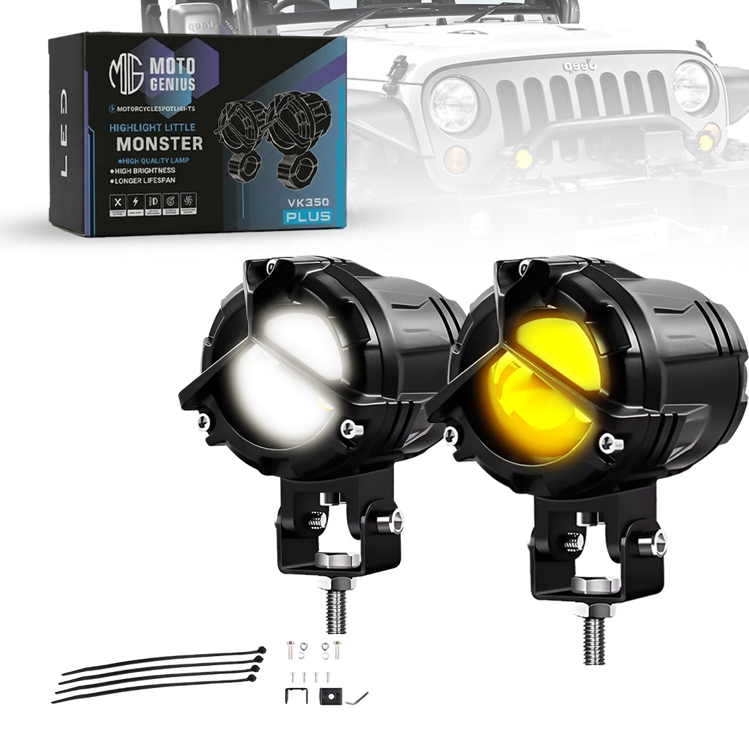 MOTO GENIUS VK350 Y-Type Korean Chip LED Fog Light 2-in-1 Spot & Flood Auxiliary Light | Yellow & White Dual Color | Wider Area Coverage | For Bike & Car (Pack of 2)