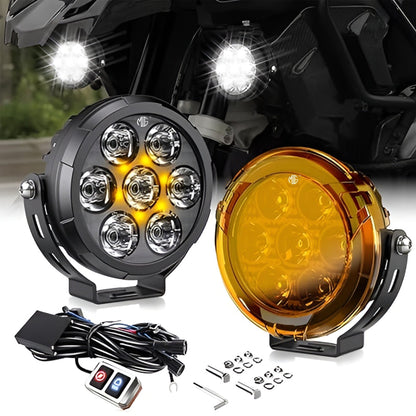 VK 70 Pro 90W piece, LED Auxiliary Fog Lights with DRL | Wiring Harness & Mounts Included | Yellow Covers | Ultra Bright Touring Lights (Pack of 2) (MGF3) - Moto Genius