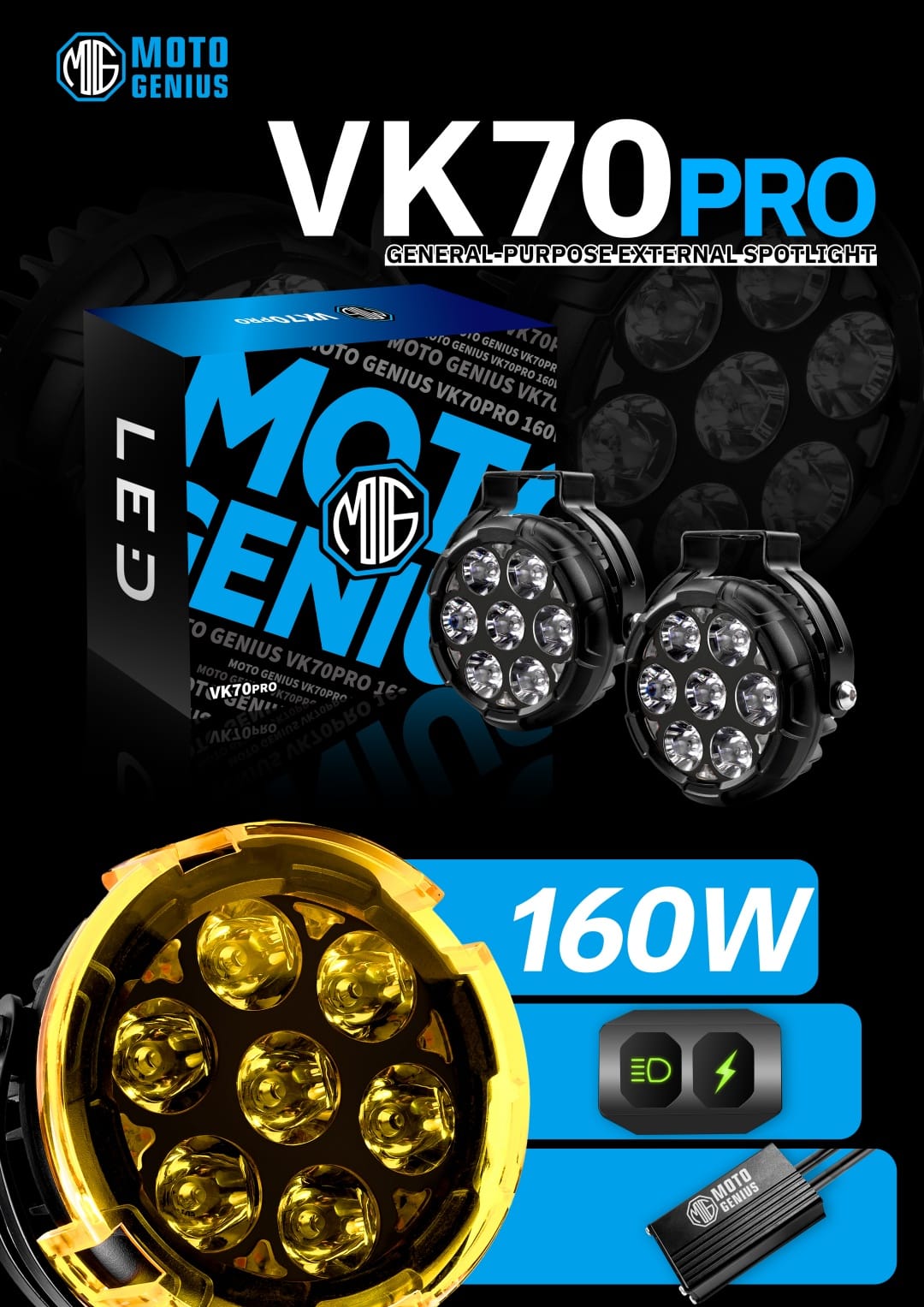 VK 70 Pro 90W piece, LED Auxiliary Fog Lights with DRL | Wiring Harness & Mounts Included | Yellow Covers | Ultra Bright Touring Lights (Pack of 2) (MGF3) - Moto Genius