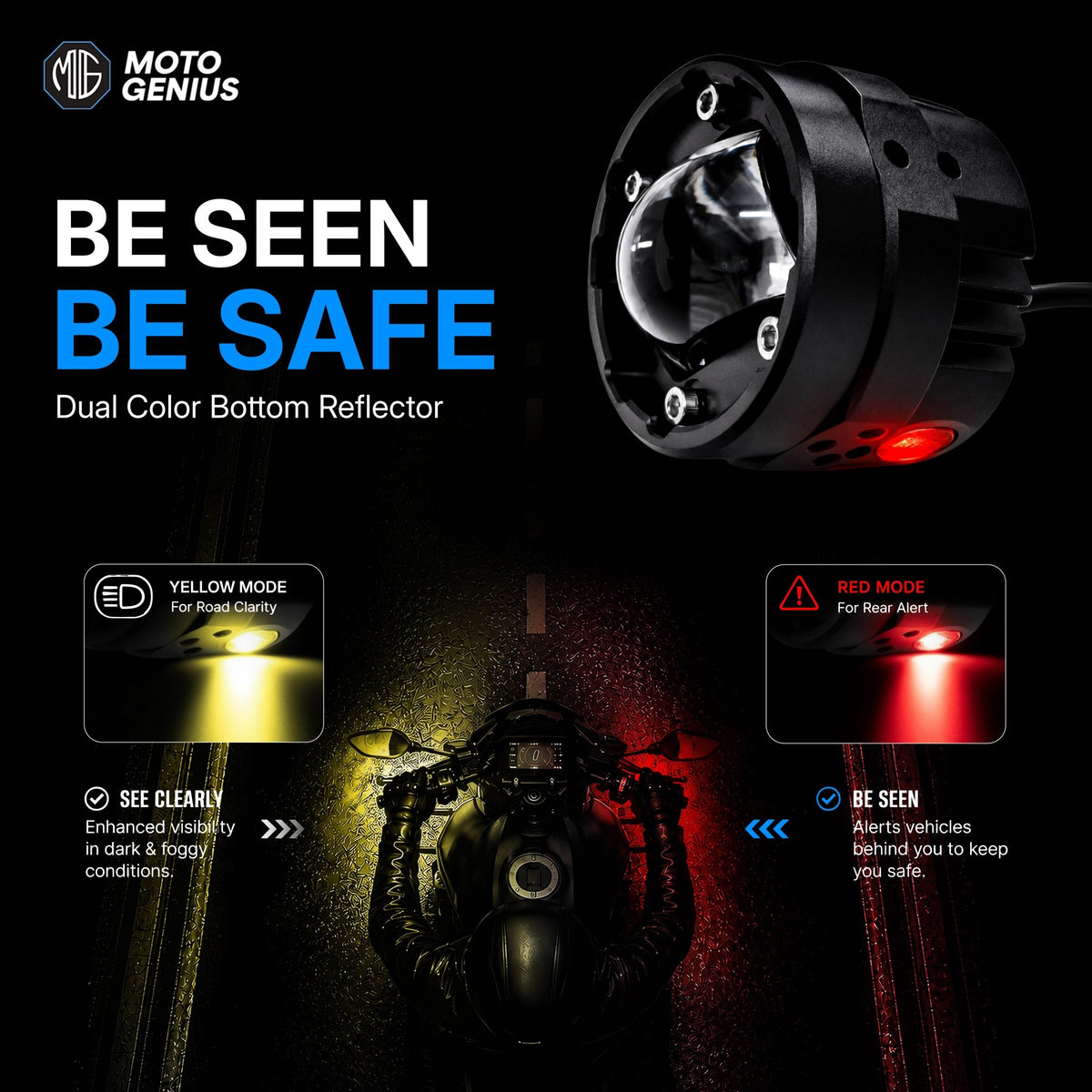 VK G10 80W LED Motorcycle Fog Light with Wiring Harness & Switch, Dual Beam High Low White Yellow Auxiliary Spotlight, 12V–36V Waterproof IP67 for Bike, Scooter, Electric Vehicle (Pack of 2) (MGF3) - Moto Genius