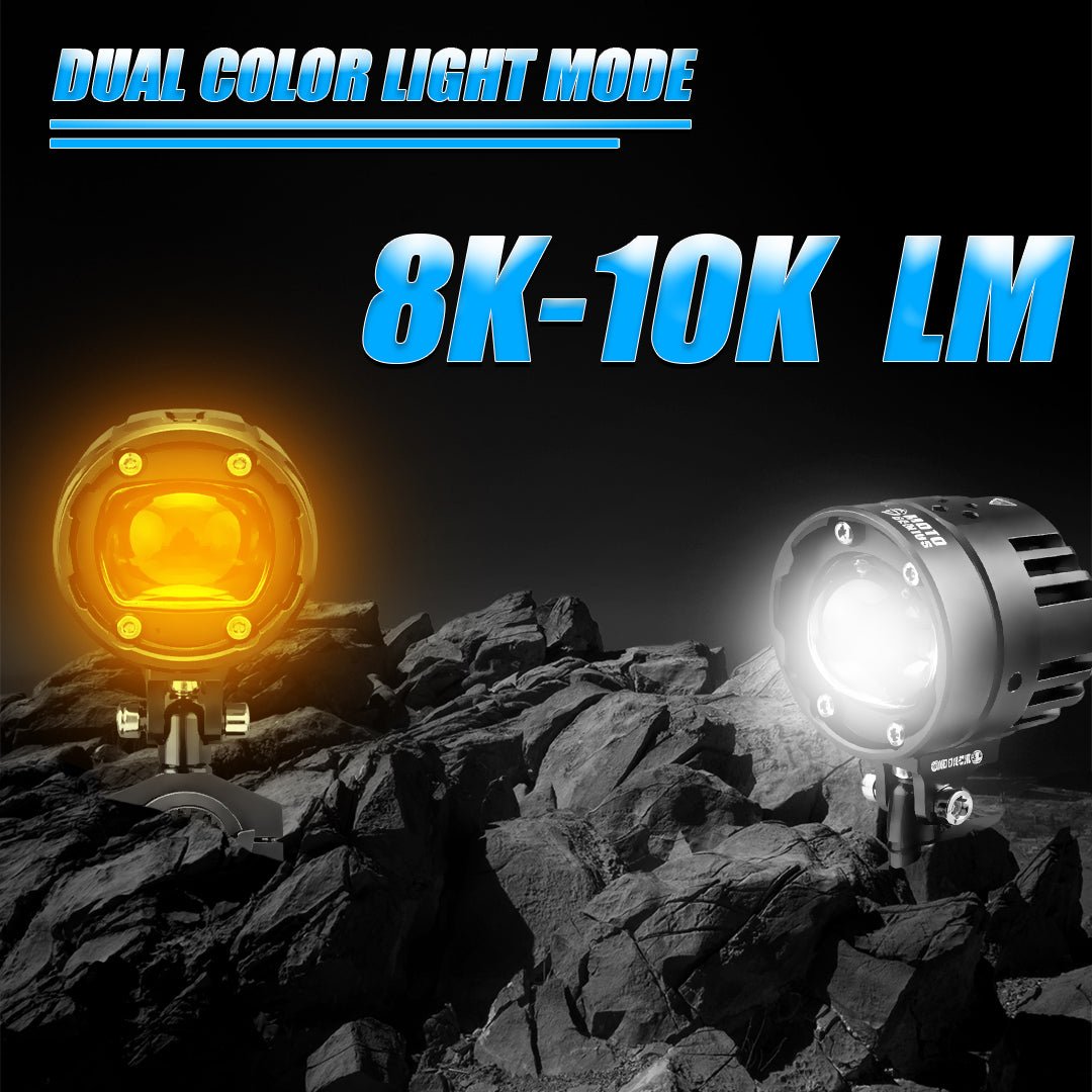 VK G10 80W LED Motorcycle Fog Light with Wiring Harness & Switch, Dual Beam High Low White Yellow Auxiliary Spotlight, 12V–36V Waterproof IP67 for Bike, Scooter, Electric Vehicle (Pack of 2) (MGF3) - Moto Genius