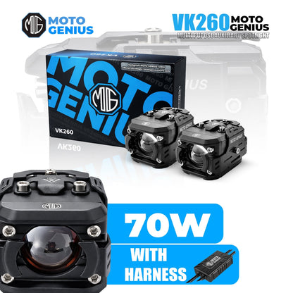 VK260 70W LED High Power with Harness Motorcycle Spotlight with Switch, Dual Beam High/Low (White & Yellow), 12V–36V Universal Fit for Bikes, Scooters & Electric Vehicles, IP67 Waterproof Auxiliary Fog Light (Pack of 2) (MGF3) - Moto Genius